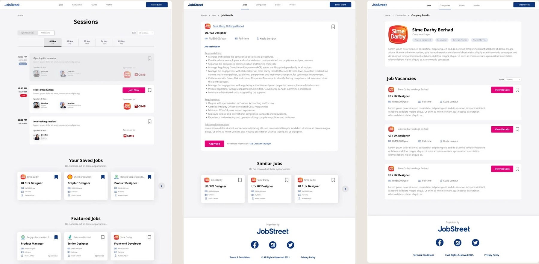 Job browsing, sessions and company pages