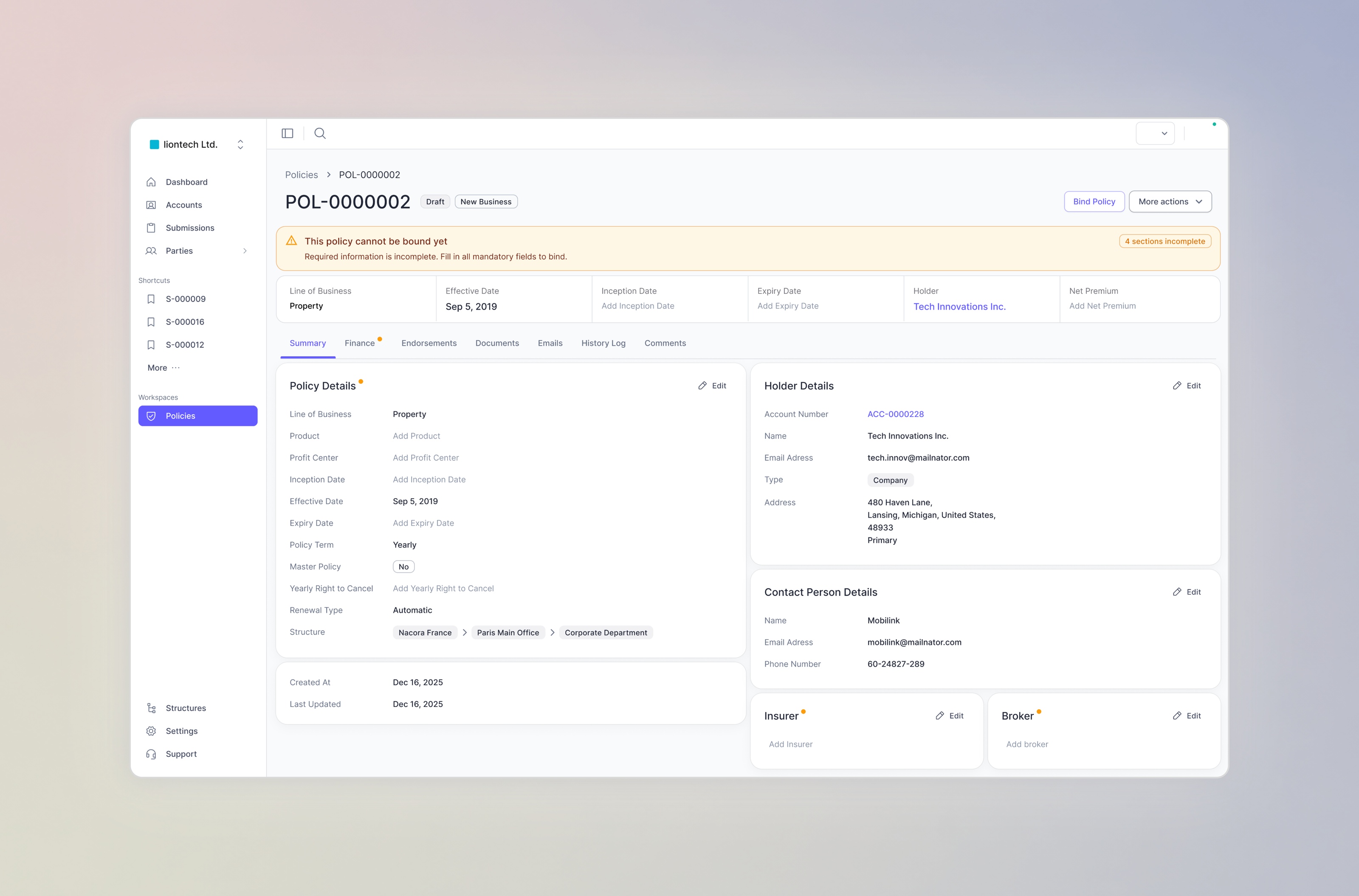 Policy management interface