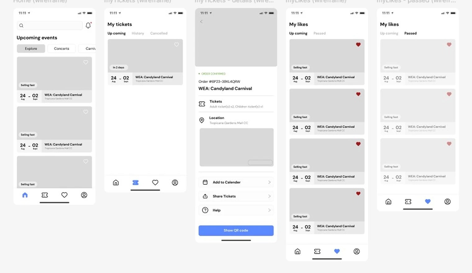 Early app wireframes