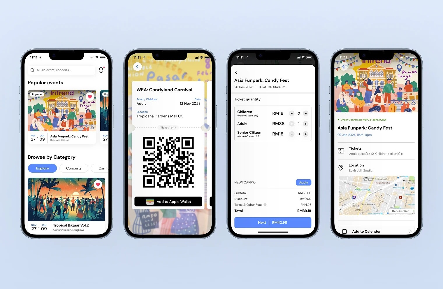 Event browsing, booking and saved tickets